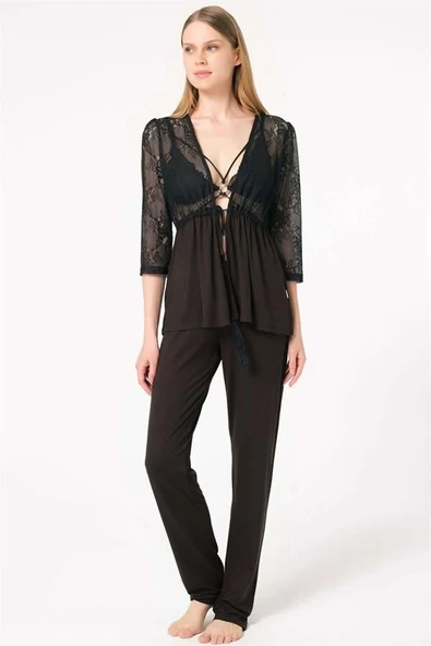 AMORA SECRET Arias Closet Dantelli Sabahlık Balensiz Desteksiz Dolgusuz Yaka Detaylı Sütyen ve Pantolon Pijama 3'lü Takı - 2