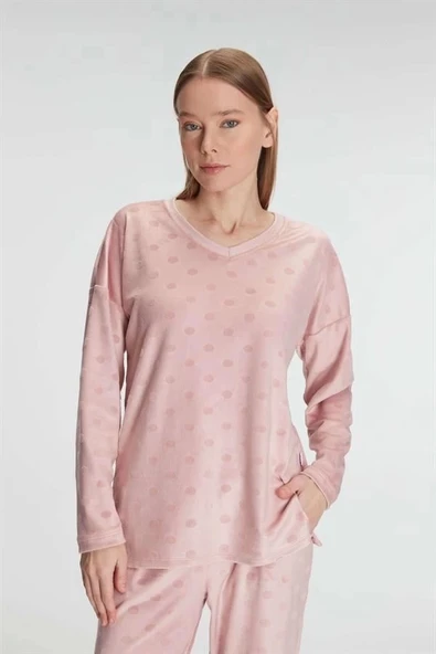 AmoraSecret AmoraSecret Uzun Kol V Yaka Sweatshirt ve Pantolon Takım Pijama Takımı - 3