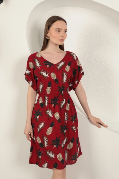 Viskon Ananas Desenli Elbise-Kırmızı ürün görseli
