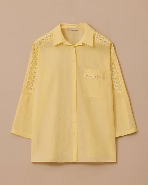 Büyük Beden Taş Detaylı Dokulu Gömlek - 4