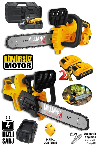 MLN-12D Şarjlı Çift Akülü Otomatik Yağlamalı Dal Budama Makinesi Bataryalı Odun Ağaç Kesme Testeresi