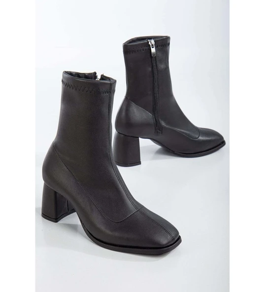 Cilt Kalın Topuklu Fermuarlı Çorap Kısa Kadın Streç Bot - Siyah - Resim 4