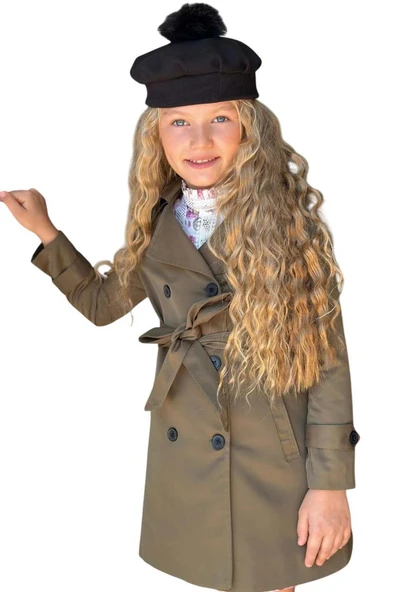 Kız Çocuk Üzeri Dantel İşlemeli Elbise Çift Cep Detaylı Kemerli Yeşil Trençkot - Resim 7