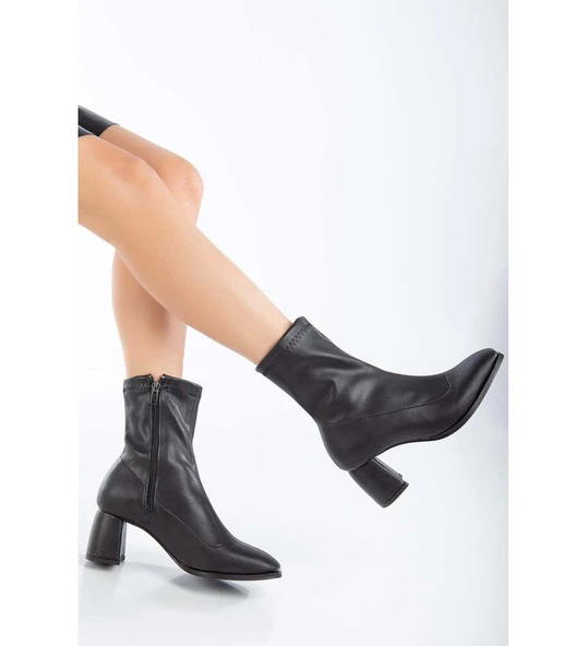 Cilt Kalın Topuklu Fermuarlı Çorap Kısa Kadın Streç Bot - Siyah ürün görseli 1