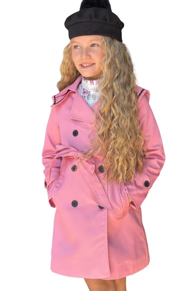 Kız Çocuk Üzeri Dantel İşlemeli Elbise Çift Cep Detaylı Kemerli Pembe Trençkot - Resim 5