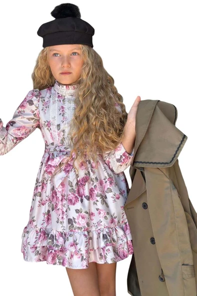 Kız Çocuk Üzeri Dantel İşlemeli Elbise Çift Cep Detaylı Kemerli Yeşil Trençkot - Resim 8