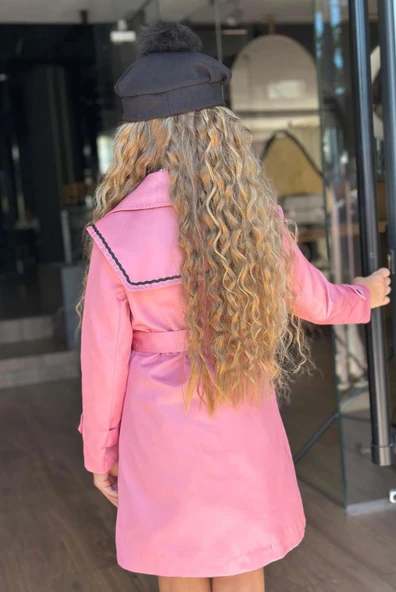 Kız Çocuk Üzeri Dantel İşlemeli Elbise Çift Cep Detaylı Kemerli Pembe Trençkot - Resim 4