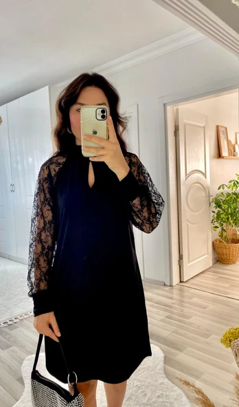 Kadın Uzun Kollu Tül Detay Sandy Mini Boy Elbise - Resim 4