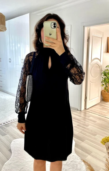 Kadın Uzun Kollu Tül Detay Sandy Mini Boy Elbise - Resim 2