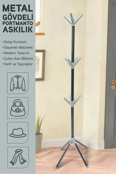 İronika Modern Portatif Elbise Askısı Ayaklı Portmanto Askı Vestiyer Askılık - Gri - 1