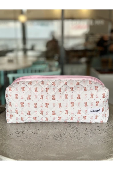 Pembe Ayıcık Desenli Saç Şekillendiricileri İçin Seyahat Çantası - XL Boy - 1