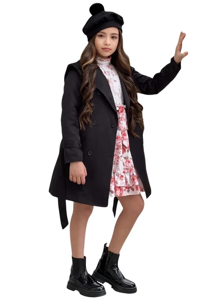 Kız Çocuk Üzeri Dantel İşlemeli Elbise Çift Cep Detaylı Kemerli Siyah Trençkot - Resim 6