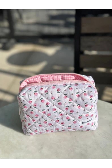Minik Pembe Çiçek Desenli Makyaj Çantası - Büyük Boy. - 3