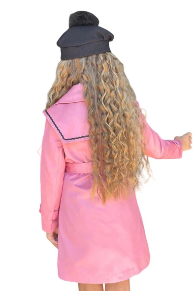 Kız Çocuk Üzeri Dantel İşlemeli Elbise Çift Cep Detaylı Kemerli Pembe Trençkot - Resim 7