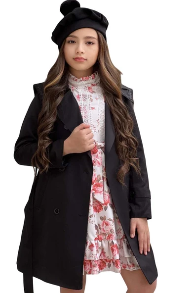 Kız Çocuk Üzeri Dantel İşlemeli Elbise Çift Cep Detaylı Kemerli Siyah Trençkot - Resim 7