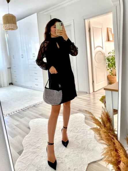 Kadın Uzun Kollu Tül Detay Sandy Mini Boy Elbise - Resim 3