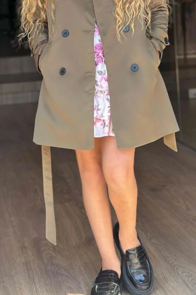 Kız Çocuk Üzeri Dantel İşlemeli Elbise Çift Cep Detaylı Kemerli Yeşil Trençkot - Resim 5