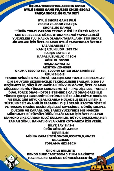 Okuma Tesoro TSR-5000HA Ryuji Shore Game Fuji 285 cm 25-85gr Shore Jigging Olta Seti - Resim 2