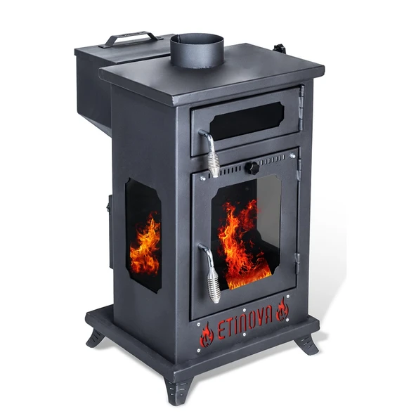 Etinova Eti-K8 Küçük Üç Tarafı Camlı Fırınlı Odun ve Pelet yakan Şömine Tipi Soba