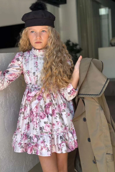 Kız Çocuk Üzeri Dantel İşlemeli Elbise Çift Cep Detaylı Kemerli Yeşil Trençkot - Resim 3