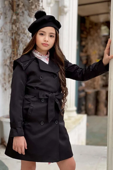 Kız Çocuk Üzeri Dantel İşlemeli Elbise Çift Cep Detaylı Kemerli Siyah Trençkot - Resim 5