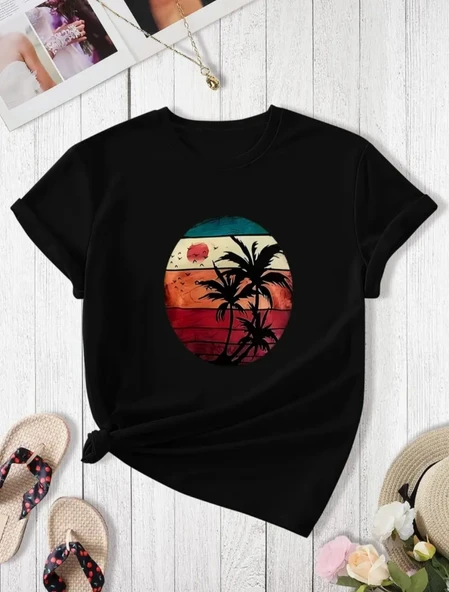 Kadın Kısa Kollu Palmiye Baskılı Viskon T-shirt - Resim 5