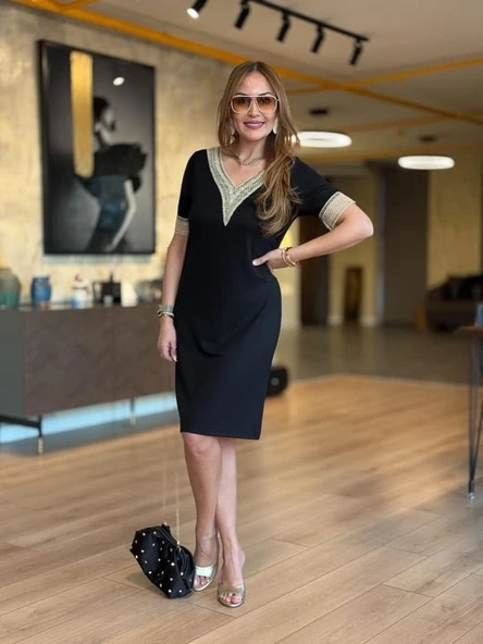 Kadın V Yaka Güpürlü İki İplik Elbise - Resim 4