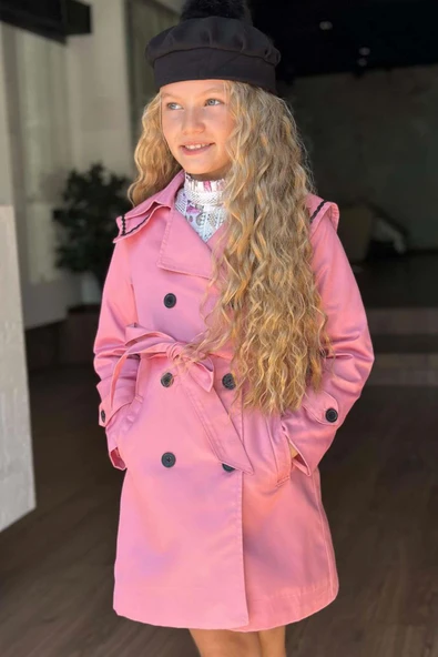 Kız Çocuk Üzeri Dantel İşlemeli Elbise Çift Cep Detaylı Kemerli Pembe Trençkot ürün görseli