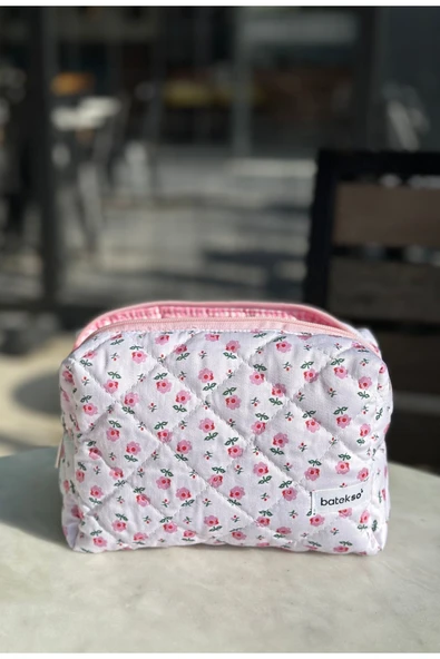 Minik Pembe Çiçek Desenli Makyaj Çantası - Büyük Boy. - 2