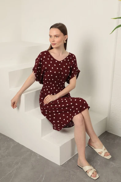 Viskon Kumaş Kalp Desenli Elbise-Bordo ürün görseli