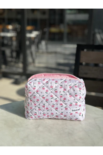 Minik Pembe Çiçek Desenli Makyaj Çantası - Büyük Boy. - 4