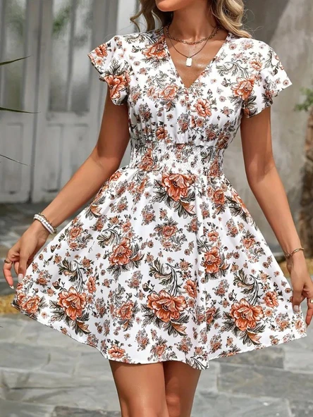 Kadın Kısa Kollu Kruvaze Yakalı çiçek Desenli Süprem Elbise - Resim 5