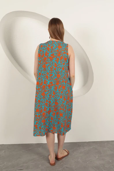 Viskon Kumaş Çiçek Desenli Elbise-Oranj - Resim 2