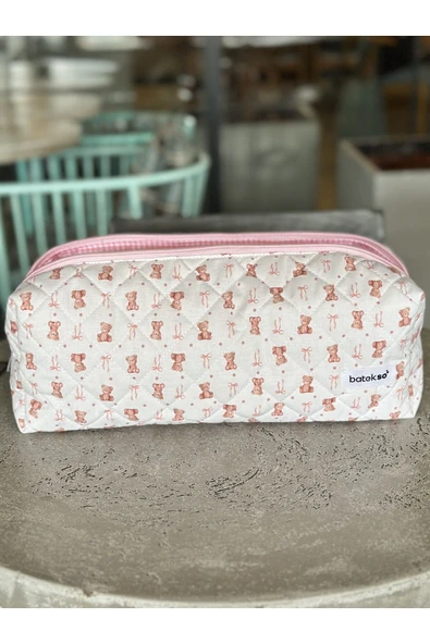 Pembe Ayıcık Desenli Saç Şekillendiricileri İçin Seyahat Çantası - XL Boy - 4