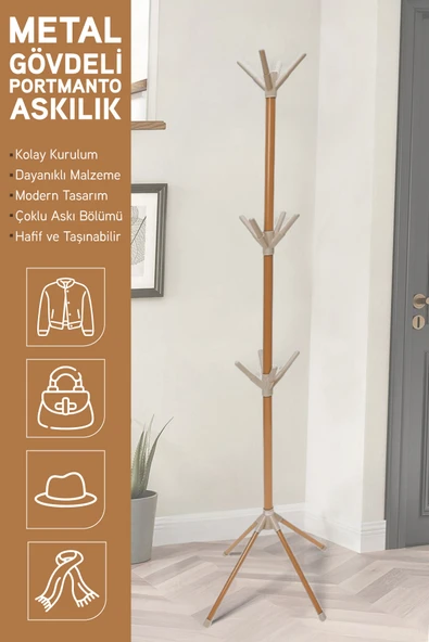 İronika Modern Portatif Elbise Askısı Ayaklı Portmanto Askı Vestiyer Askılık - Kahve - 1