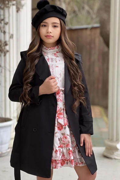 Kız Çocuk Üzeri Dantel İşlemeli Elbise Çift Cep Detaylı Kemerli Siyah Trençkot - Resim 3