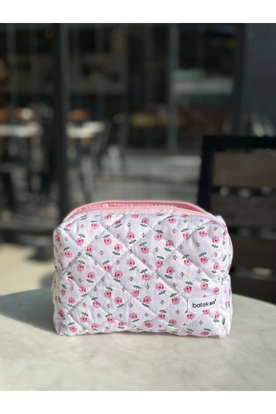 Minik Pembe Çiçek Desenli Makyaj Çantası - Büyük Boy. - 1