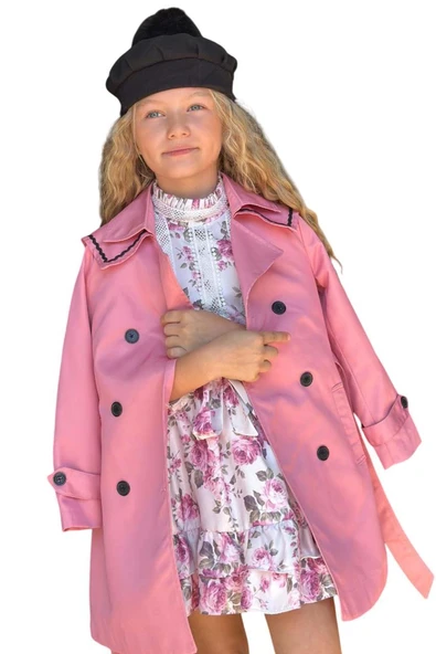 Kız Çocuk Üzeri Dantel İşlemeli Elbise Çift Cep Detaylı Kemerli Pembe Trençkot - Resim 6