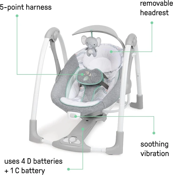 Ingenuity ConvertMe 2'si 1 Arada Kompakt Taşınabilir Otomatik Bebek Salıncağı ve Bebek Koltuğu, Pil Tasarrufu Sağlayan T - 3