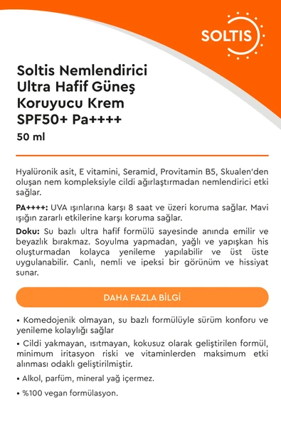 Nemlendirici Ultra Hafif Güneş Koruyucu Krem SPF50+ Pa++++, 50 ml - 3