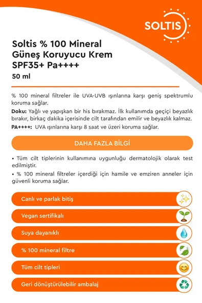 % 100 Mineral Güneş Koruyucu Krem SPF 35+ Pa++++ , 50 ml - Resim 3