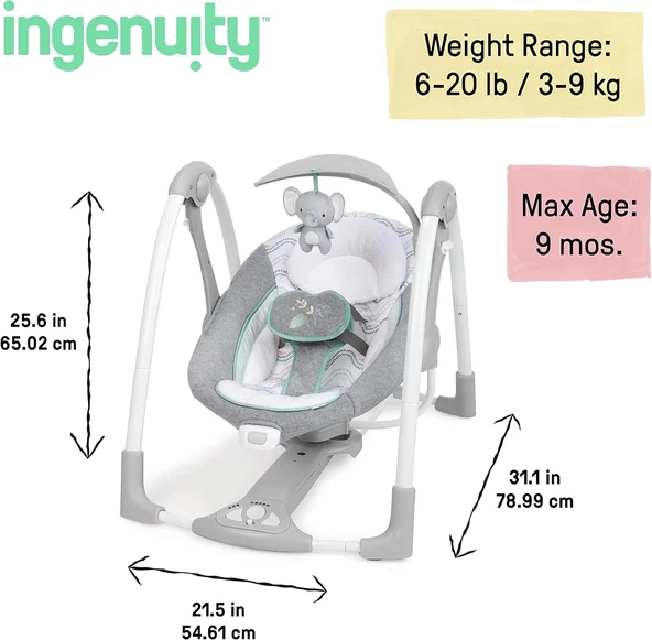 Ingenuity ConvertMe 2'si 1 Arada Kompakt Taşınabilir Otomatik Bebek Salıncağı ve Bebek Koltuğu, Pil Tasarrufu Sağlayan T - 2