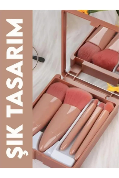 Çanta Tipi Aynalı 5'li Makyaj Fırça Seti Göz Farı Fondöten Allık Karıştırma Makyaj Fırçaları - 3