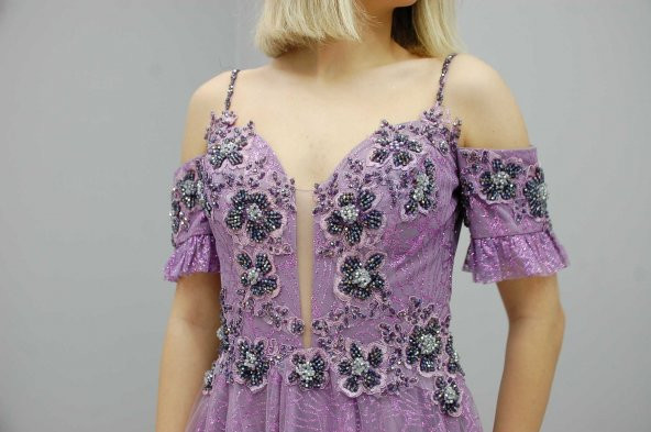 1060 Lavanta İp askılı Düşük Kollu Taş İşlemeli Abiye - 2