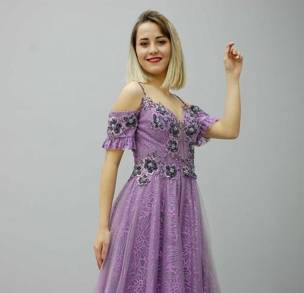 1060 Lavanta İp askılı Düşük Kollu Taş İşlemeli Abiye - 3