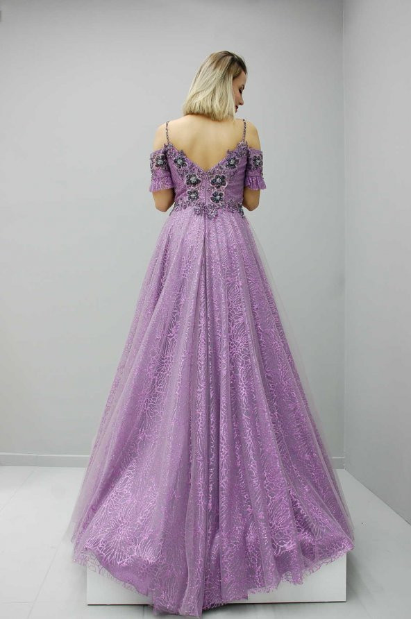 1060 Lavanta İp askılı Düşük Kollu Taş İşlemeli Abiye - 4