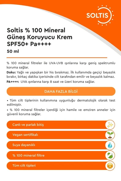 %100 Mineral Güneş Koruyucu Krem SPF 50+ Pa++++, 50 ml - Resim 2