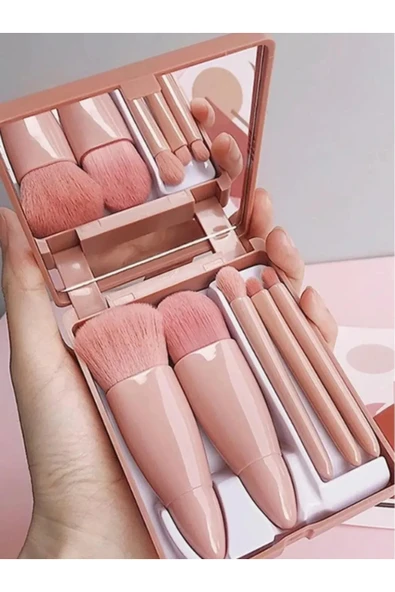 Çanta Tipi Aynalı 5'li Makyaj Fırça Seti Göz Farı Fondöten Allık Karıştırma Makyaj Fırçaları