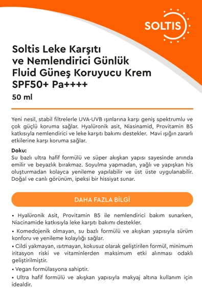 Leke Karşıtı ve Nemlendirici Günlük Fluid Güneş Koruyucu Krem SPF50+ Pa++++, 50 ml - 3