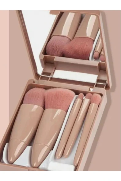 Çanta Tipi Aynalı 5'li Makyaj Fırça Seti Göz Farı Fondöten Allık Karıştırma Makyaj Fırçaları - 4